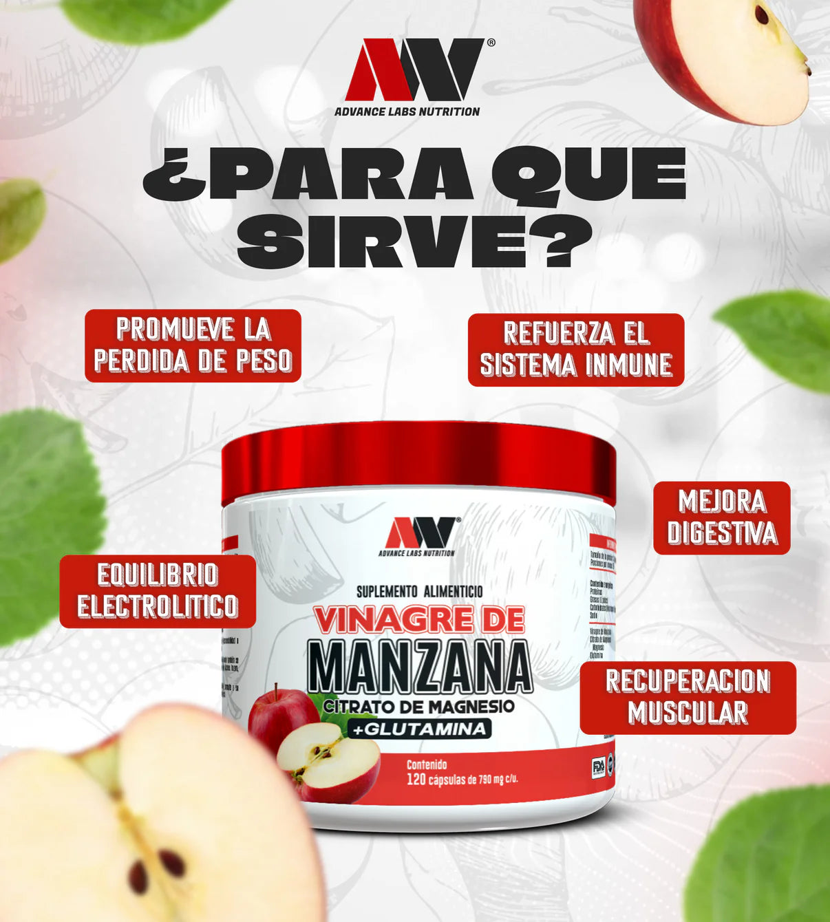Adv Vinagre de manzana + Citrato de Magnesio 120Caps