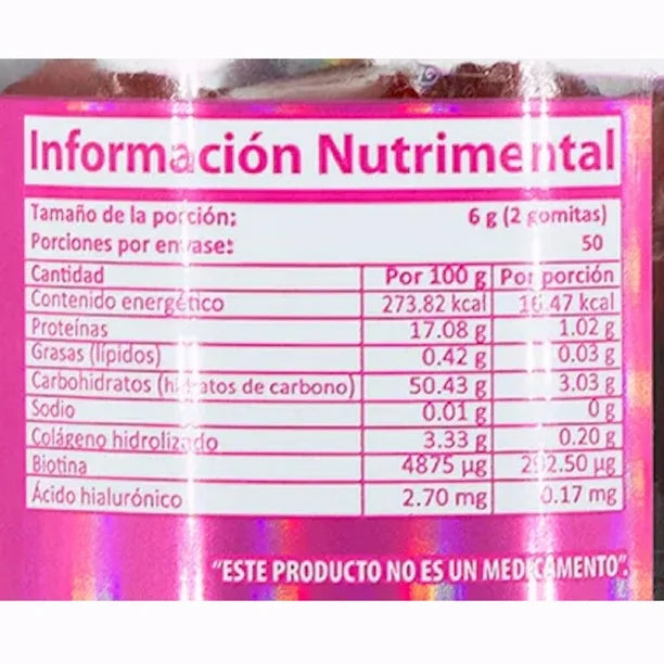 Natural Colageno, Biotina + Acido Hialuronico 100 Gomitas Fresa