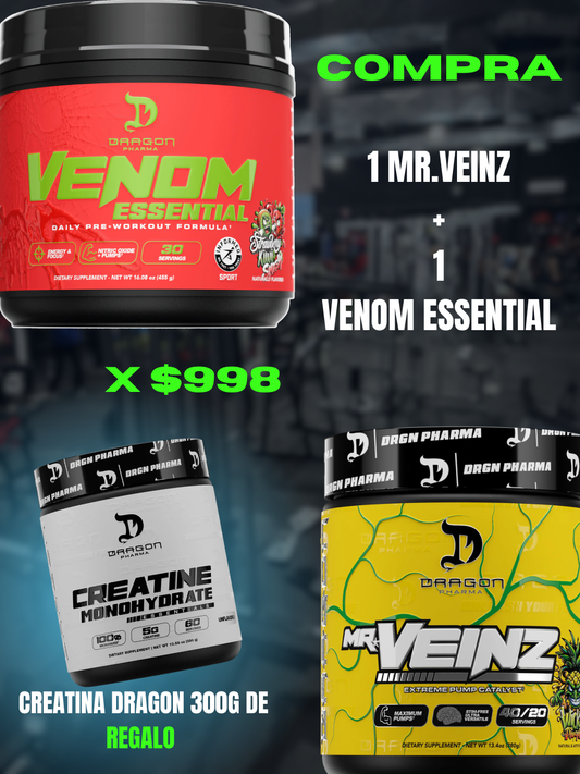 MR.VEINZ + VENOM ESSENTIAL + CREATINA 300GR DRAGON REGALO