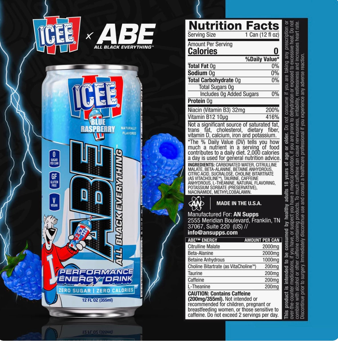 An Abe Icee Performance Energy Drink 12 oz 12 Pack