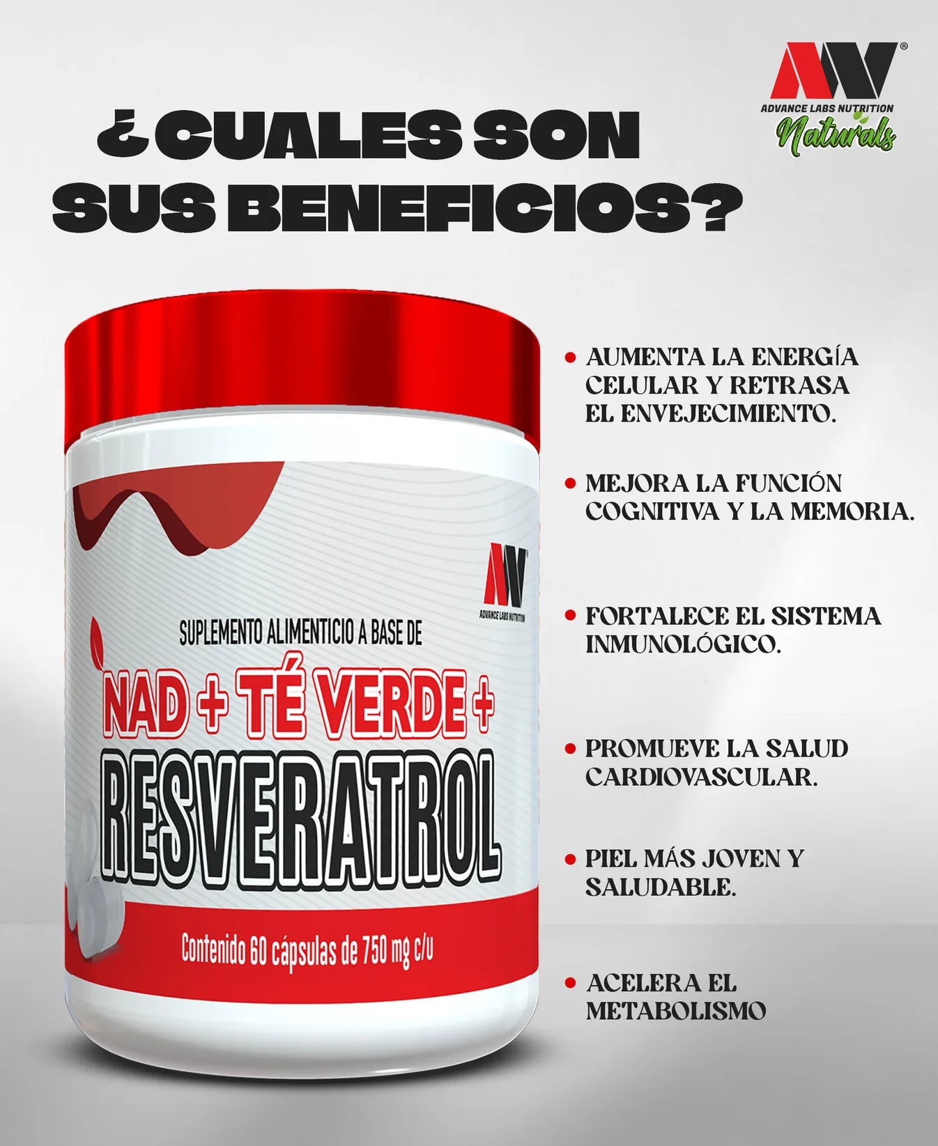 Advance Nutrition NAD + Resveratrol y Te Verde 60 Caps